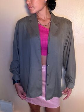 Nordstrom %100 Silk Olive Green Lightweight Button-Up Blazer Jacket 90s Vintage